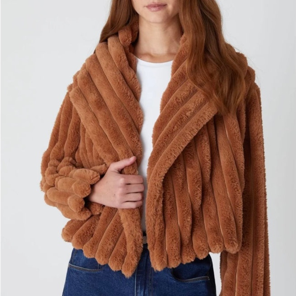 Blank NYC Time Flies Brown Faux Fur Cropped Jacket. NWT